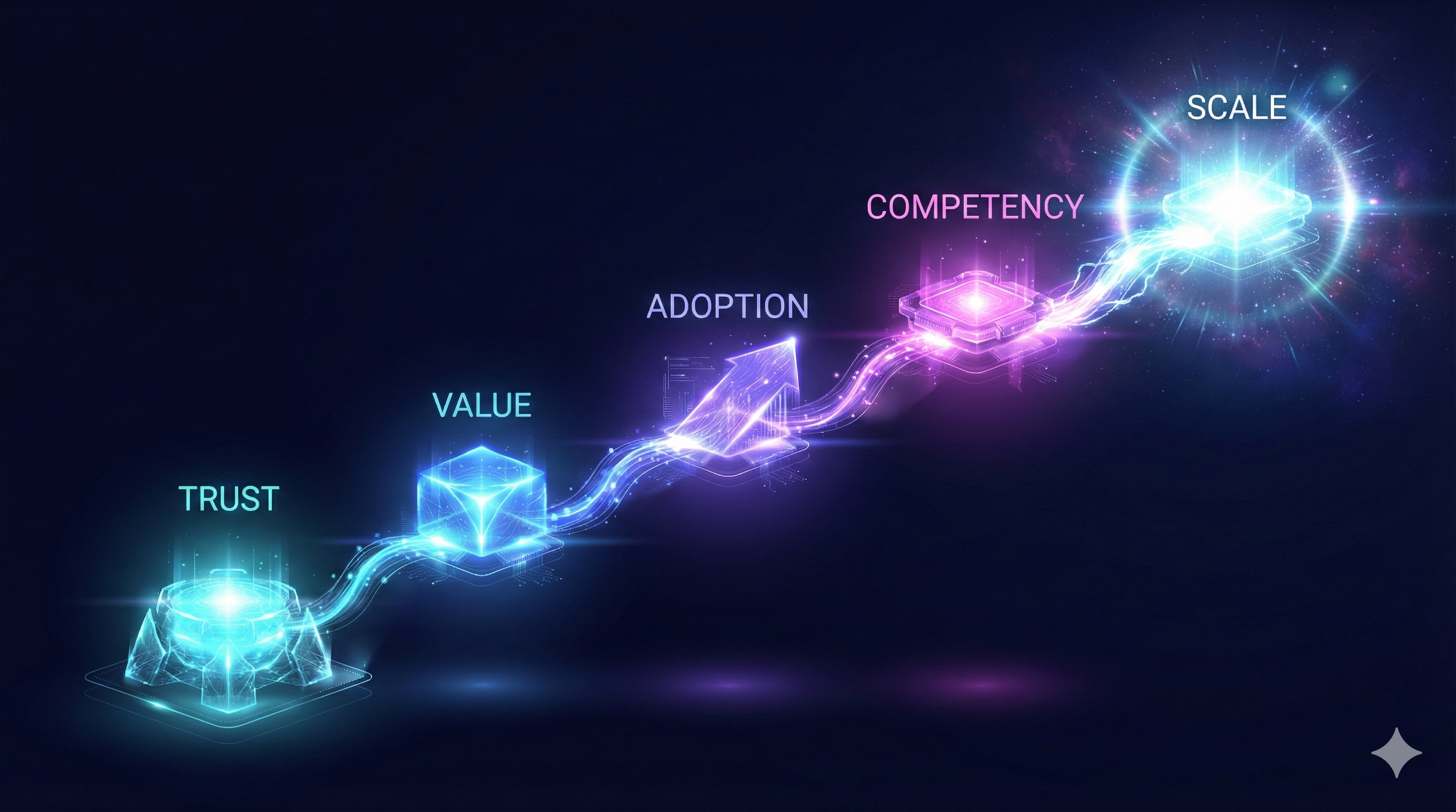 The Evolutionary Framework: Trust leads to Value, then Adoption, Competency, and Scale—each stage builds on the previous.