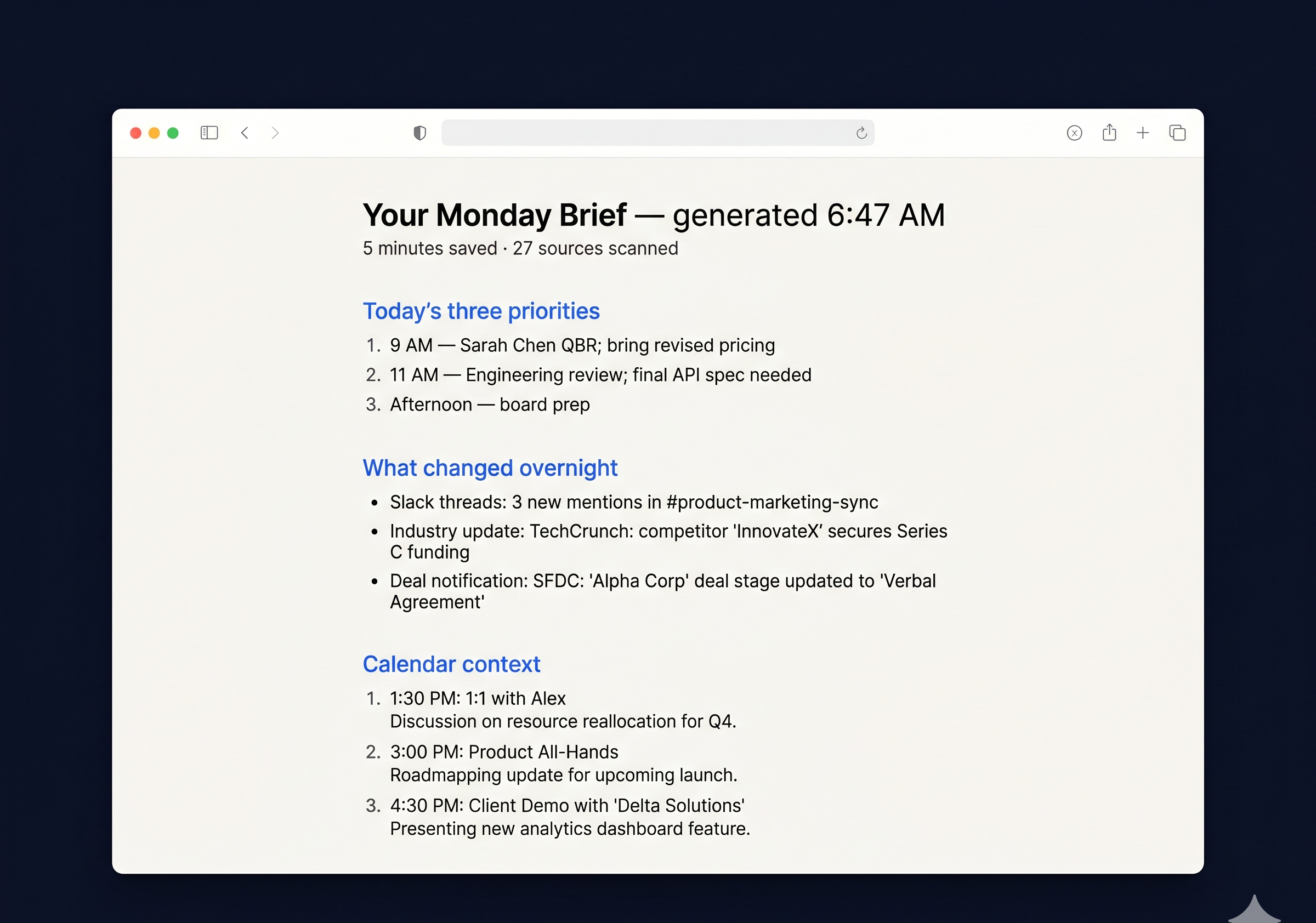 Monday morning brief — three priorities, calendar context, overnight changes