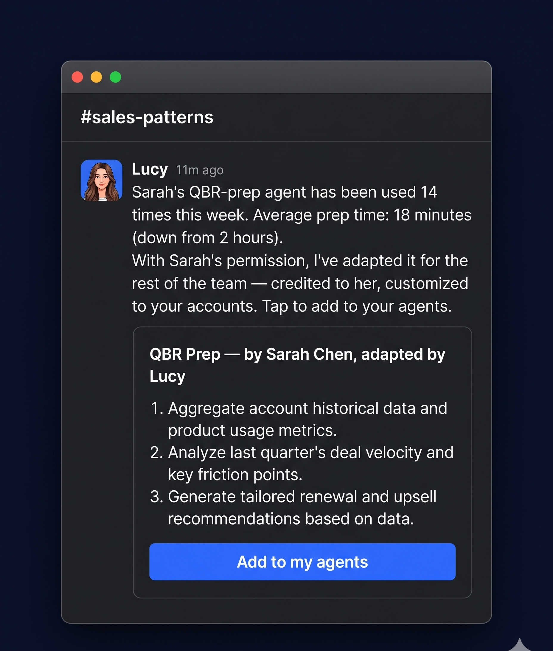 Lucy posting Sarah's pattern to the team channel — credited, adaptable, opt-in
